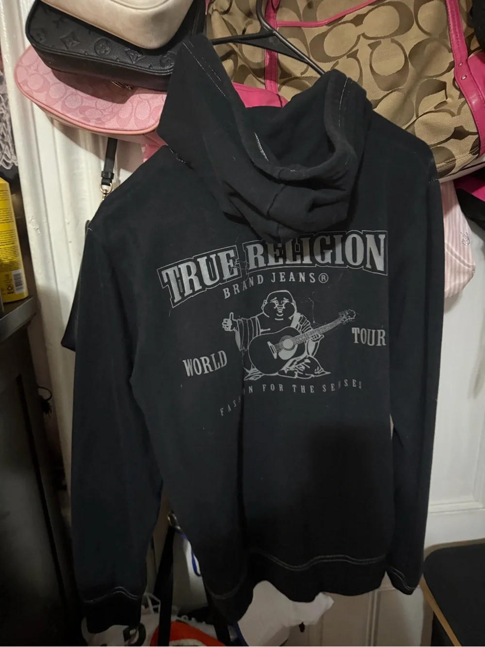 True Religion Black Full-Zip Hoodie with Cream Drawstrings